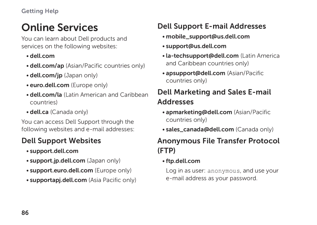 Dell P09E002 setup guide Online Services, Dell Support Websites, Dell Support E-mail Addresses 