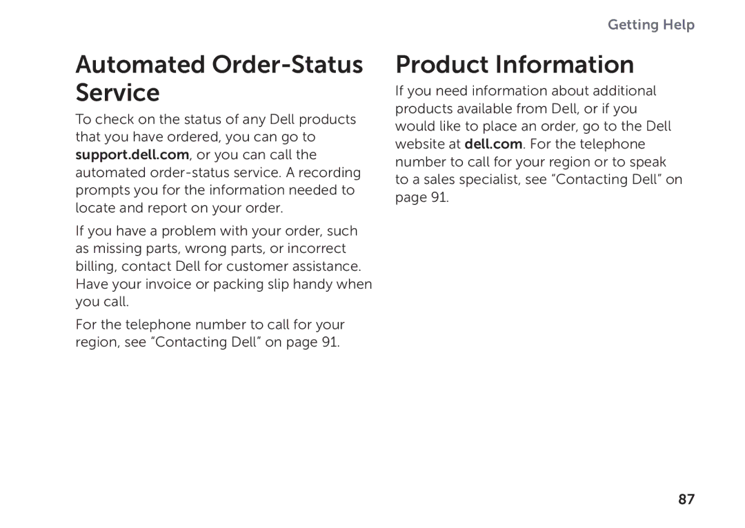 Dell P09E002 setup guide Automated Order-Status Service, Product Information 