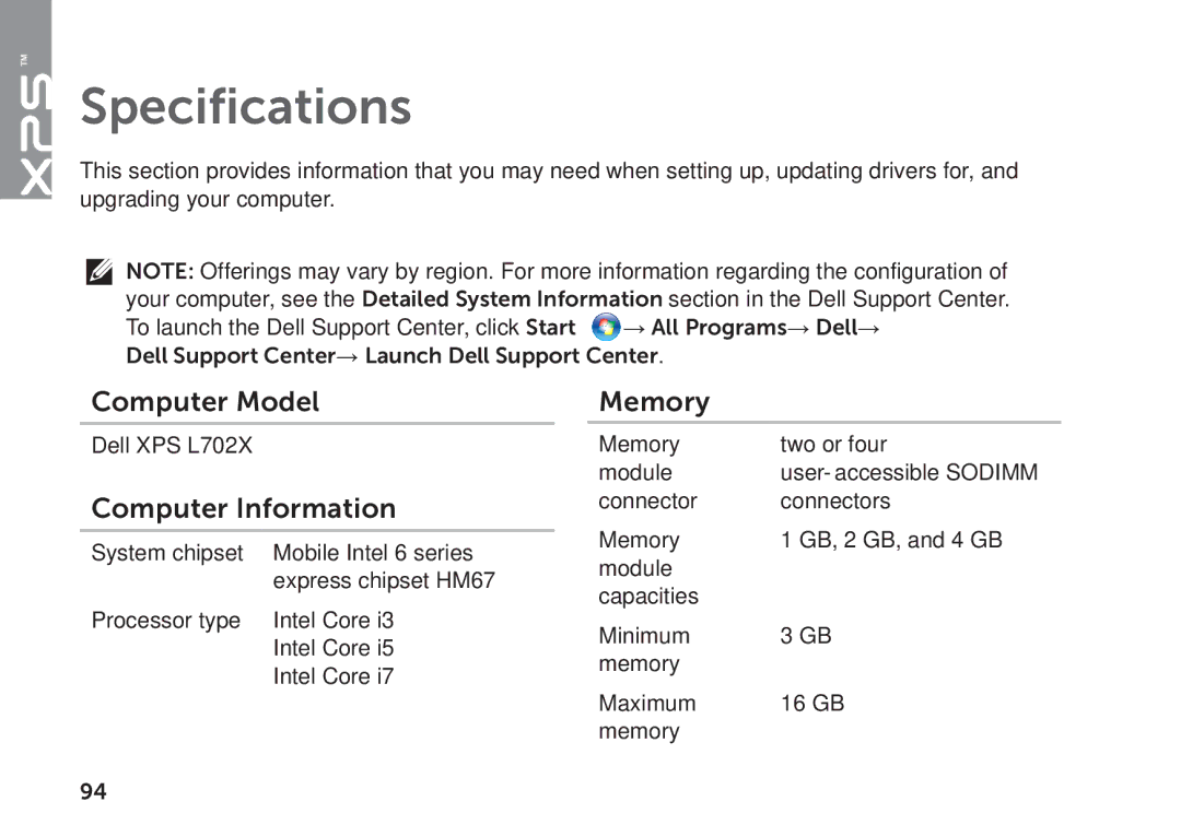 Dell P09E002 setup guide Specifications, Computer Model, Computer Information, Memory 