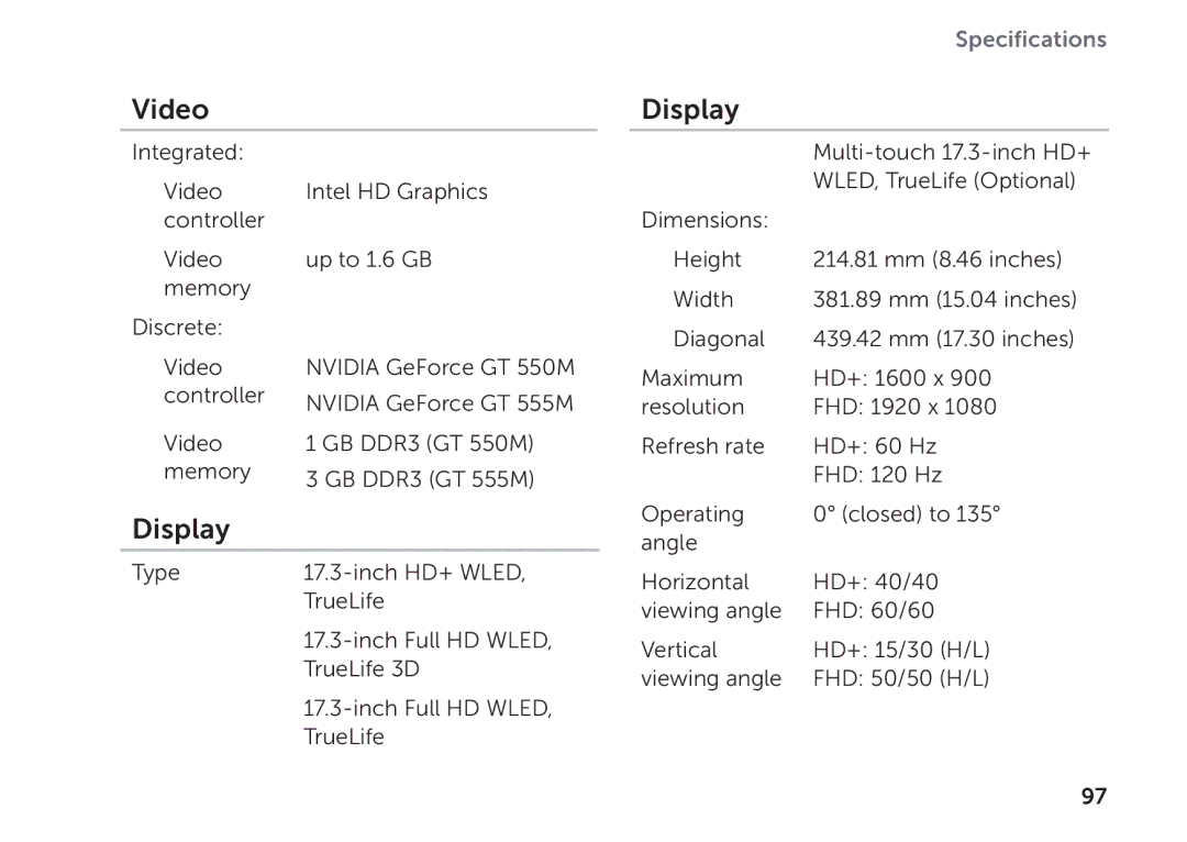 Dell P09E002 setup guide Video, Display 