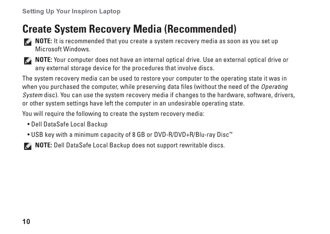 Dell P09T setup guide Create System Recovery Media Recommended 