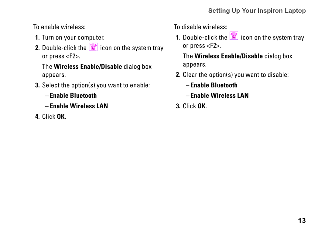 Dell P09T setup guide Wireless Enable/Disable dialog box appears, Enable Bluetooth Enable Wireless LAN 