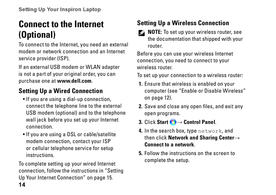 Dell P09T setup guide Connect to the Internet Optional, Setting Up a Wired Connection, Setting Up a Wireless Connection 