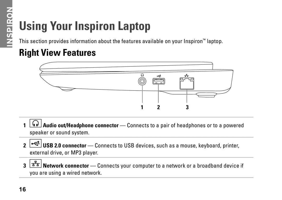 Dell P09T setup guide Using Your Inspiron Laptop, Right View Features 