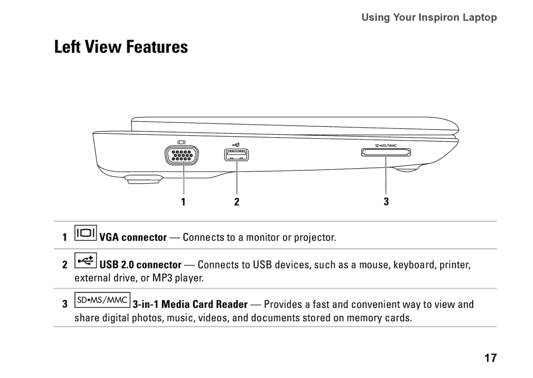 Dell P09T setup guide Left View Features 