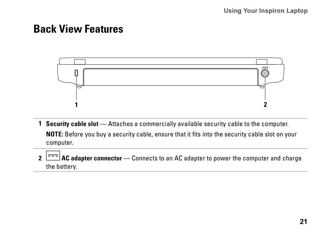 Dell P09T setup guide Back View Features 