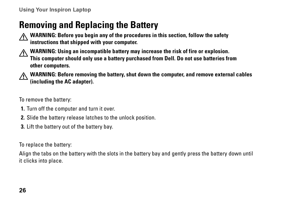 Dell P09T setup guide Removing and Replacing the Battery 