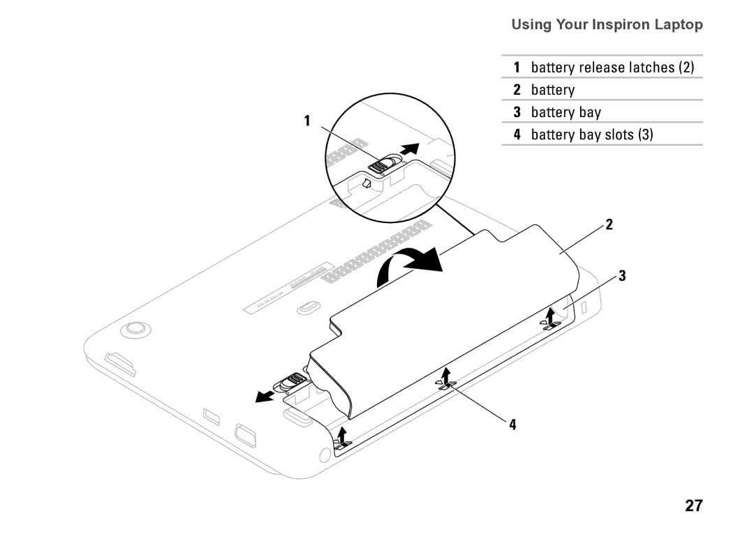 Dell P09T setup guide Battery release latches, Battery bay slots 