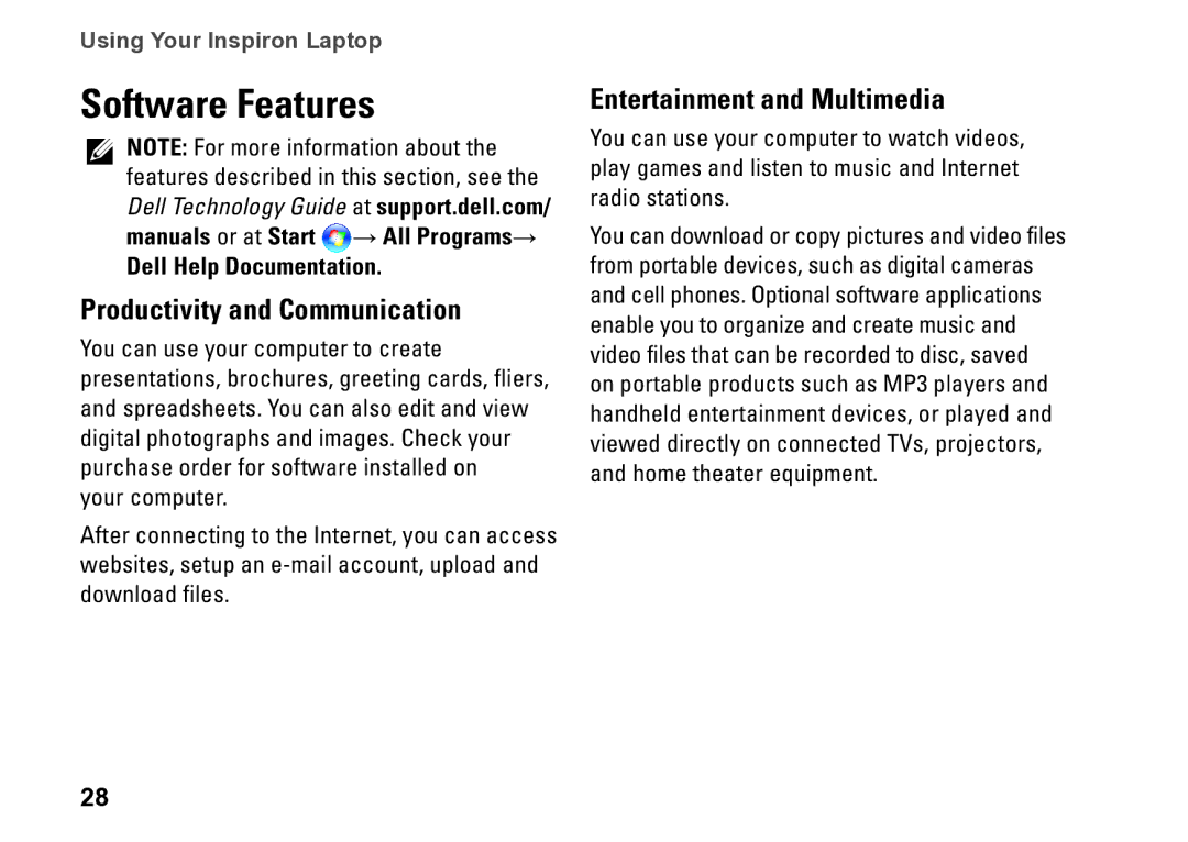 Dell P09T Software Features, Productivity and Communication, Entertainment and Multimedia, Dell Help Documentation 