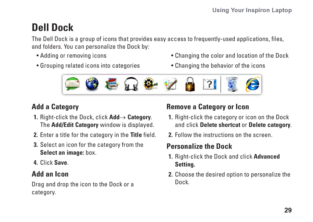 Dell P09T setup guide Dell Dock, Add a Category, Add an Icon, Remove a Category or Icon, Personalize the Dock 