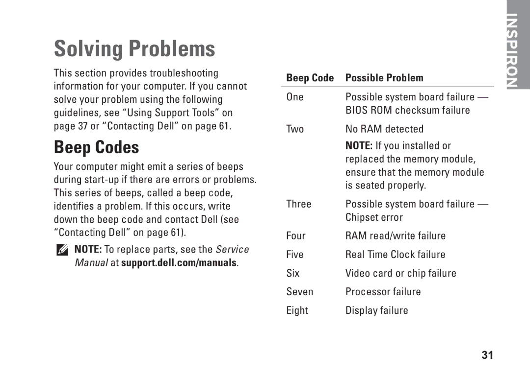 Dell P09T setup guide Solving Problems, Beep Codes, Beep Code Possible Problem 