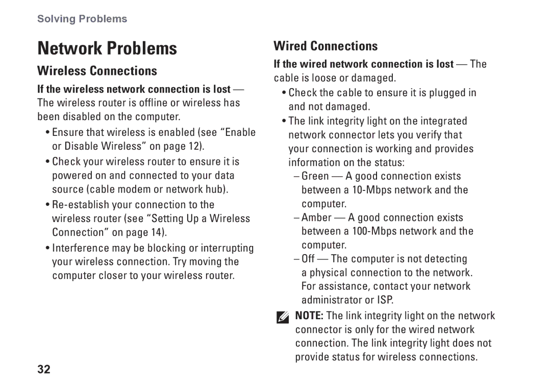 Dell P09T setup guide Network Problems, Wireless Connections, Wired Connections 