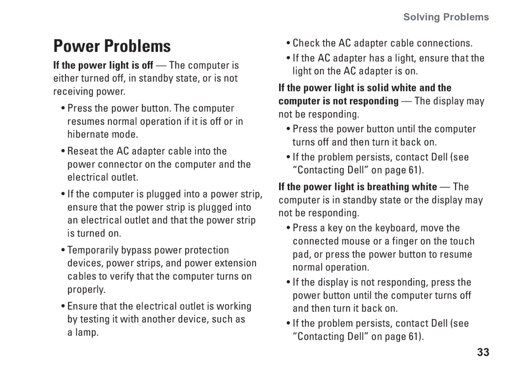 Dell P09T setup guide Power Problems 