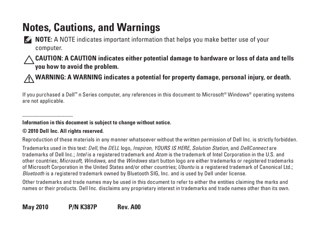 Dell P09T setup guide May 2010 P/N K387P Rev. A00 