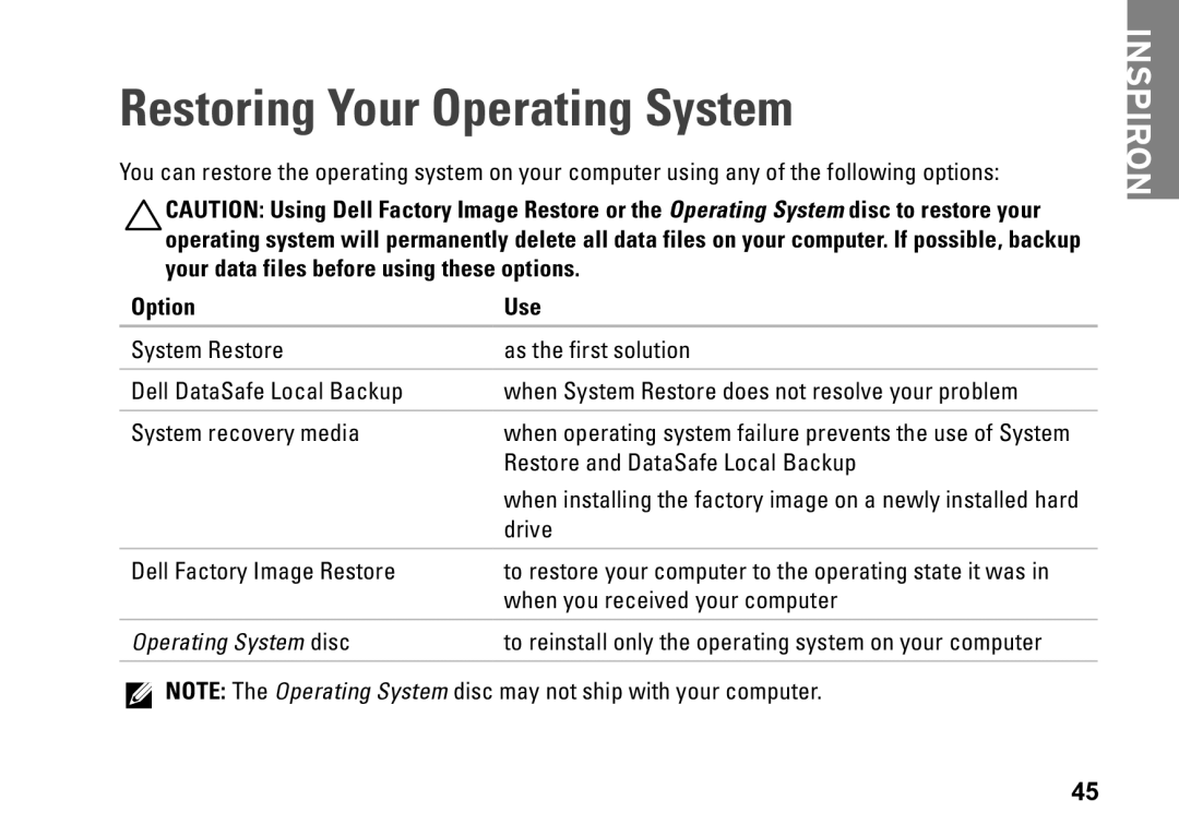 Dell P09T setup guide Restoring Your Operating System, Option Use 