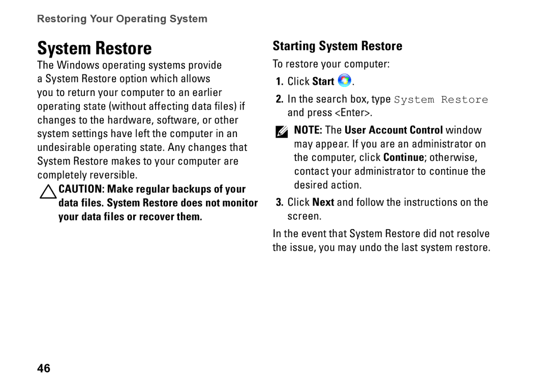 Dell P09T setup guide Starting System Restore 