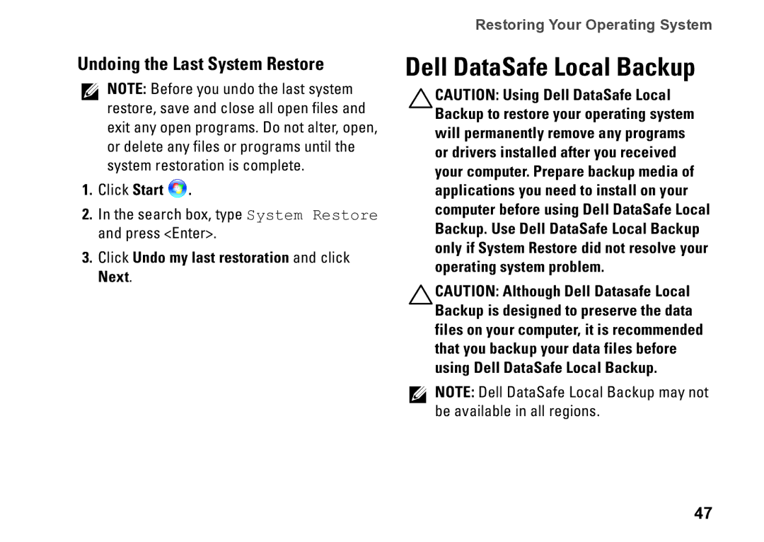 Dell P09T setup guide Dell DataSafe Local Backup, Undoing the Last System Restore, Click Start 