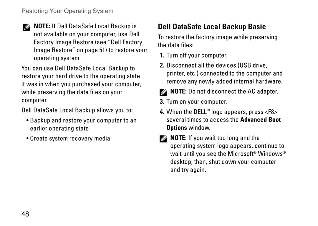 Dell P09T setup guide Dell DataSafe Local Backup Basic 