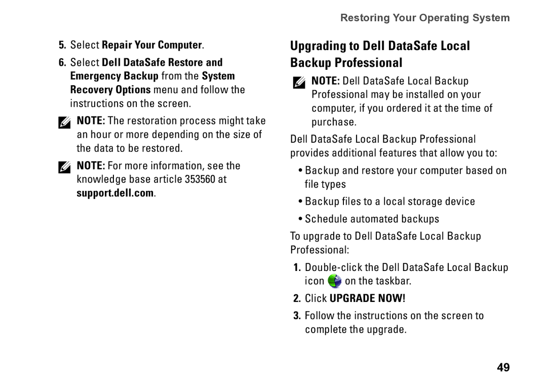 Dell P09T setup guide Upgrading to Dell DataSafe Local Backup Professional, Select Repair Your Computer, Click Upgrade Now 