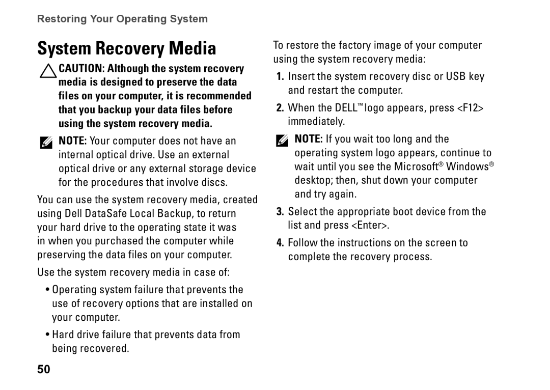 Dell P09T setup guide System Recovery Media 