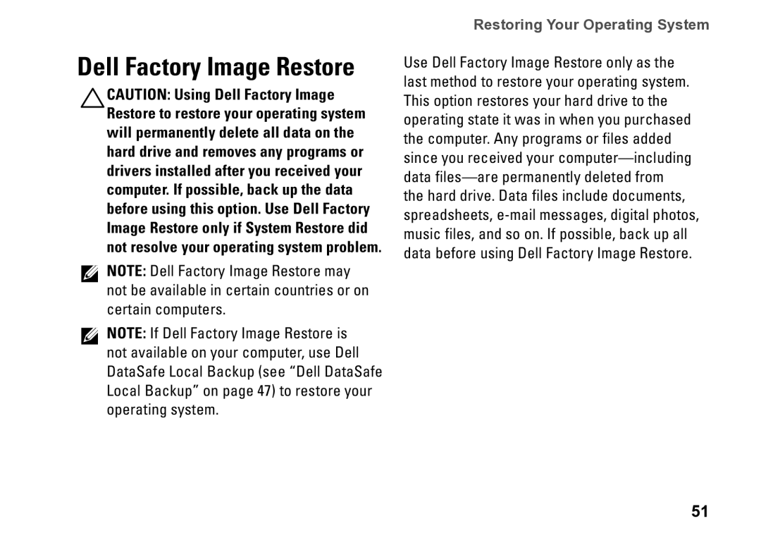 Dell P09T setup guide Dell Factory Image Restore 