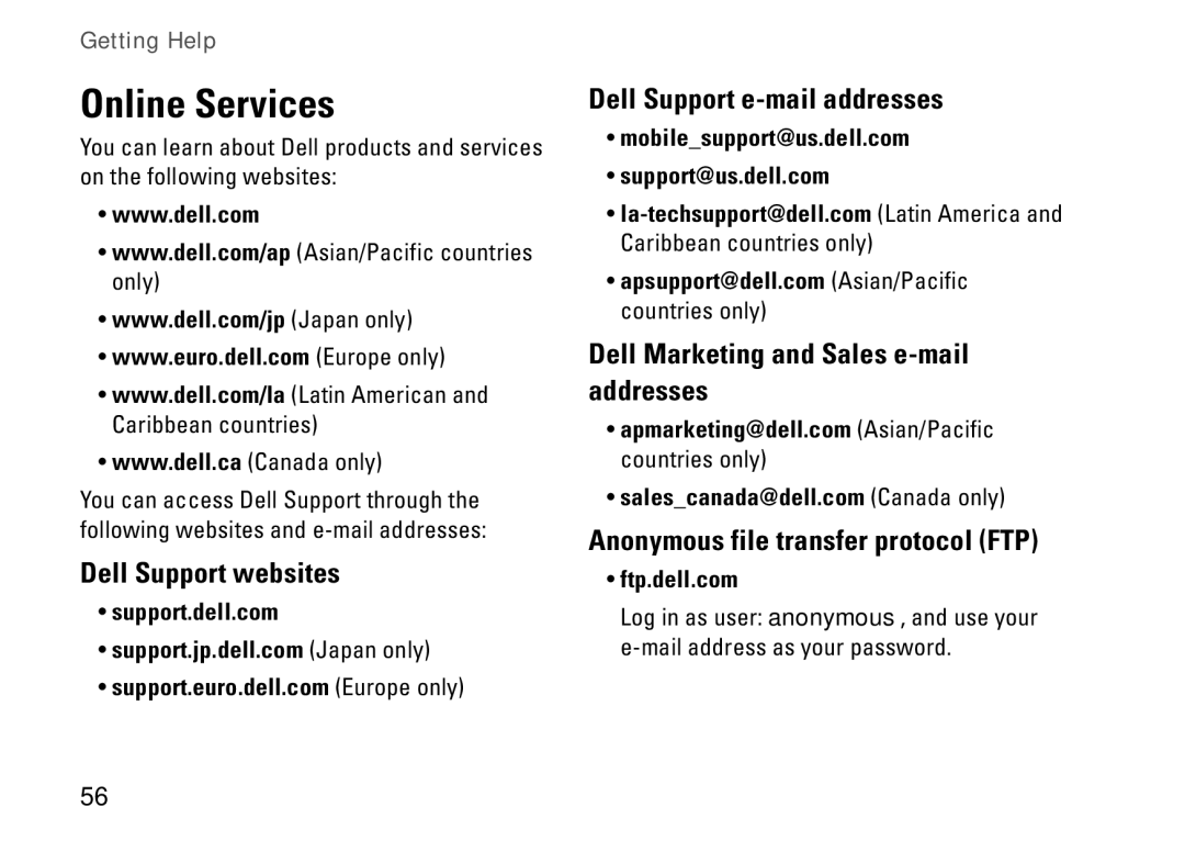 Dell P09T setup guide Online Services, Dell Support websites, Dell Support e-mail addresses 