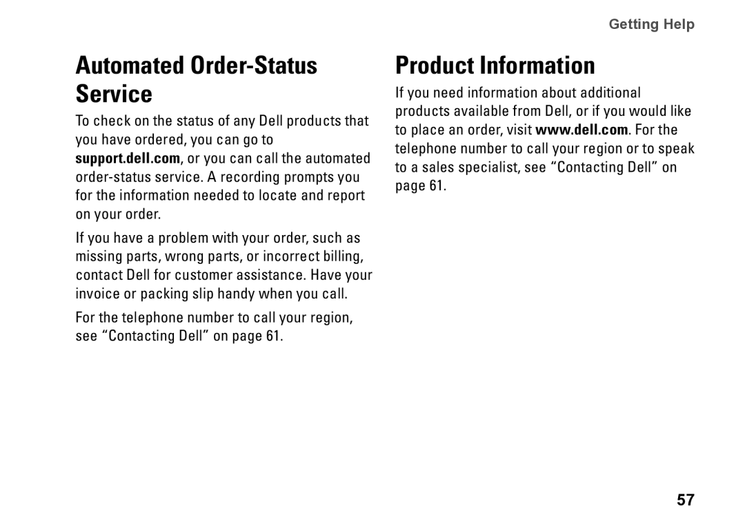 Dell P09T setup guide Product Information, Automated Order-Status Service 