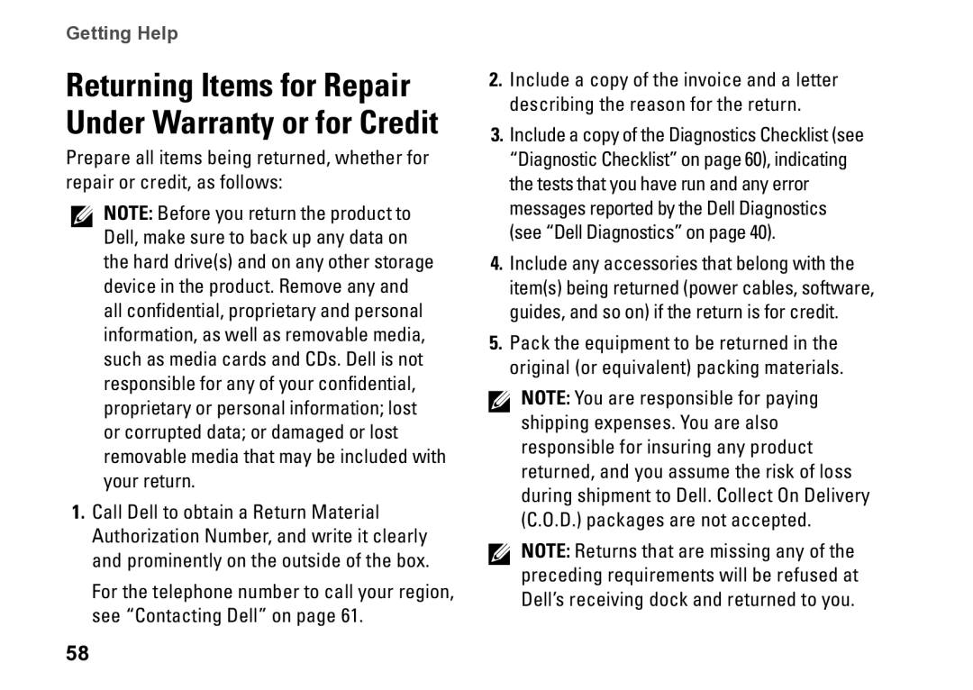 Dell P09T setup guide Returning Items for Repair Under Warranty or for Credit 