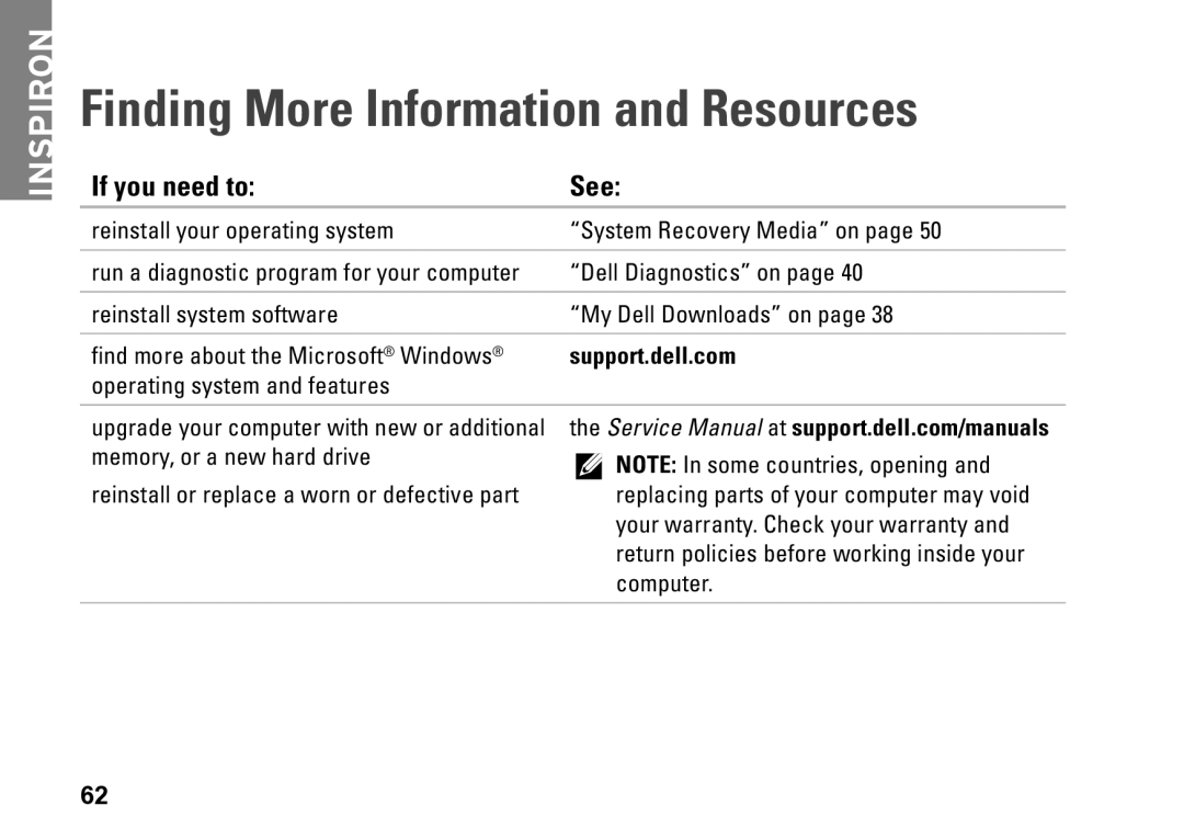 Dell P09T setup guide Finding More Information and Resources, If you need to See 