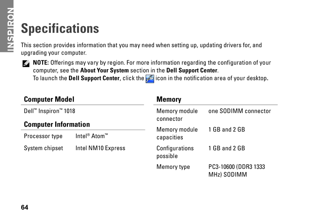 Dell P09T setup guide Specifications, Memory, Computer Information 