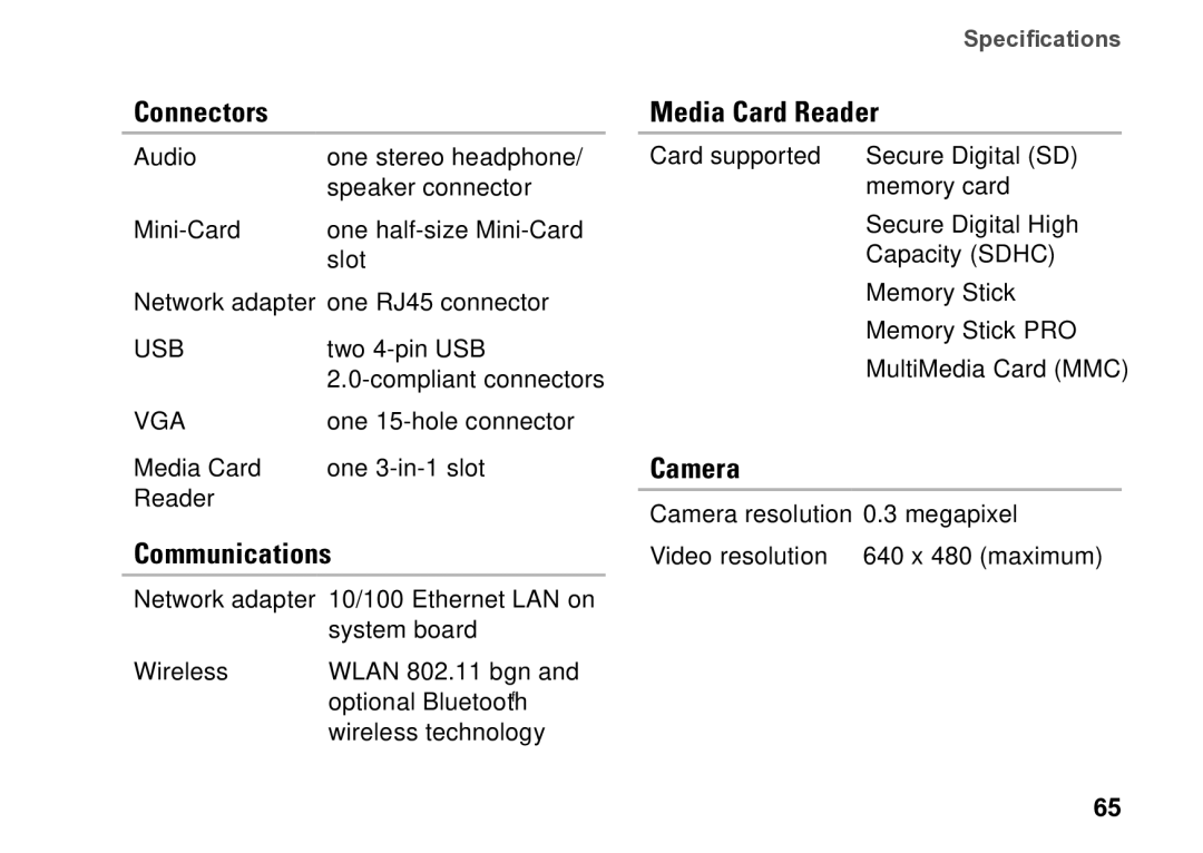 Dell P09T setup guide Connectors, Communications, Media Card Reader, Camera 