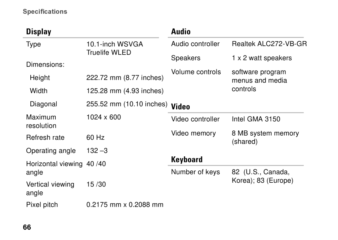 Dell P09T setup guide Display, Audio, Video, Keyboard 