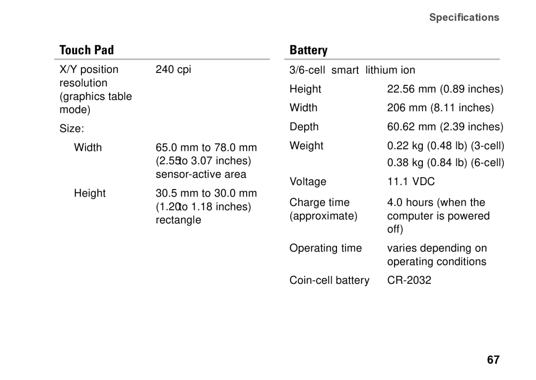 Dell P09T setup guide Touch Pad, Battery 