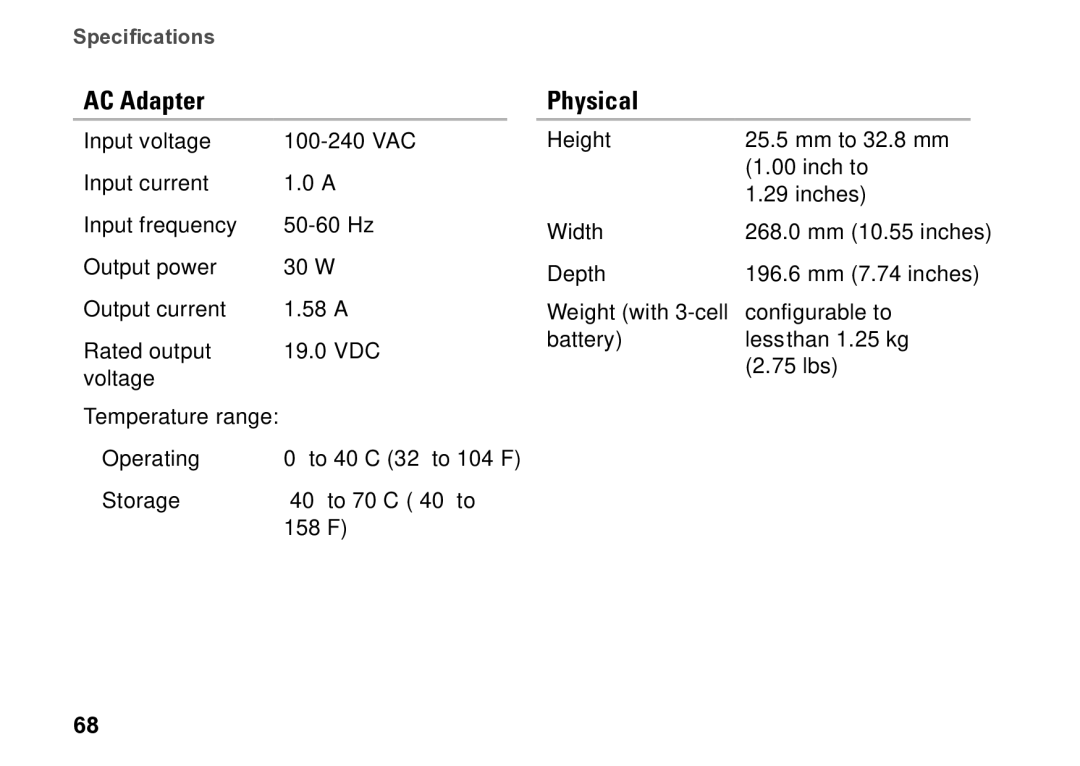 Dell P09T setup guide AC Adapter, Physical 