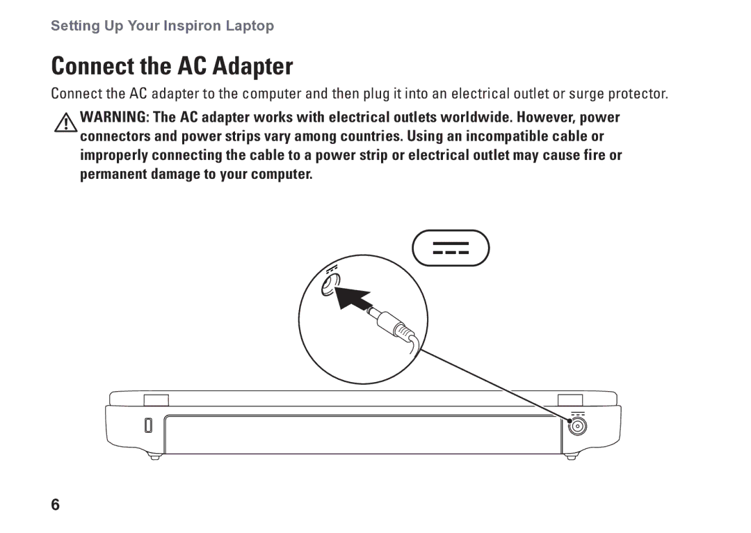 Dell P09T setup guide Connect the AC Adapter 