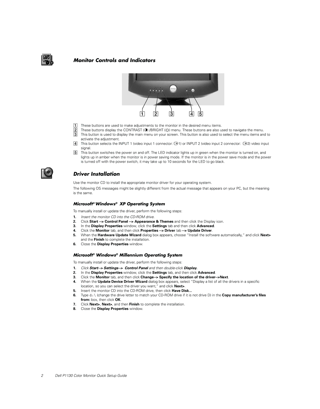 Dell P1130 specifications Monitor Controls and Indicators, Driver Installation, Microsoft Windows XP Operating System 