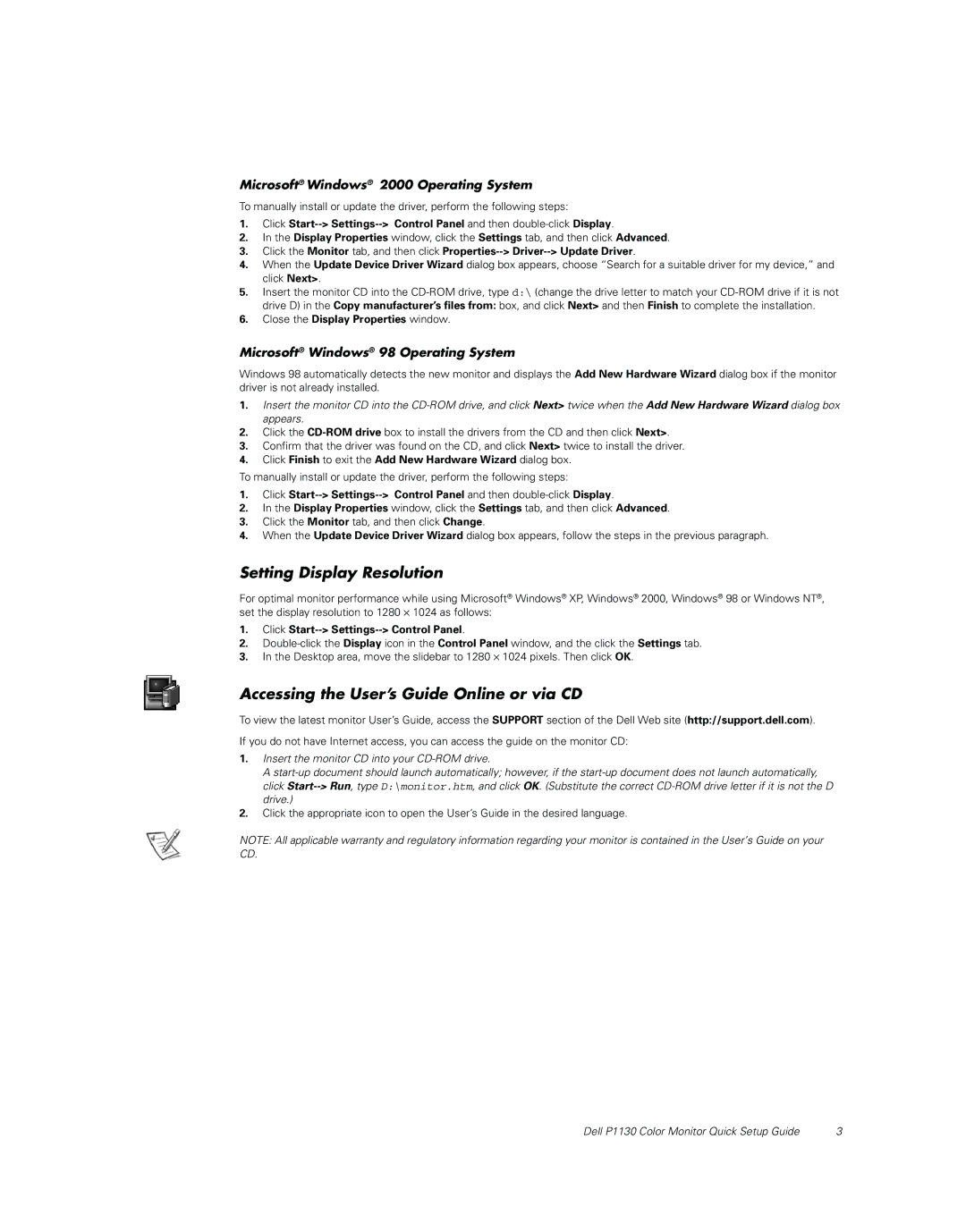 Dell P1130 Setting Display Resolution, Accessing the User’s Guide Online or via CD, Microsoft Windows 98 Operating System 