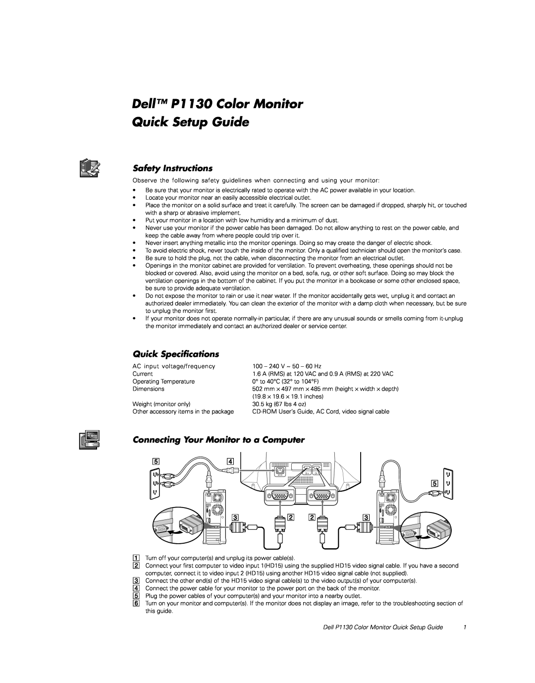 Dell P1130 specifications Safety Instructions, Quick Specifications, Connecting Your Monitor to a Computer 