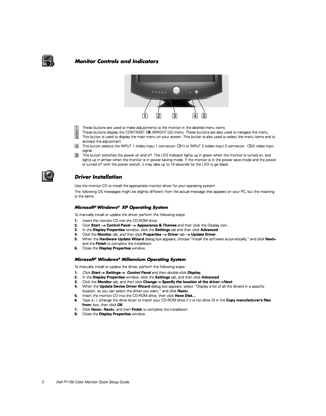 Dell P1130 specifications Monitor Controls and Indicators, Driver Installation, Microsoft Windows XP Operating System 