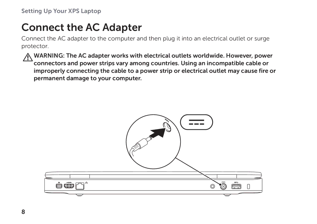 Dell P11F setup guide Connect the AC Adapter 