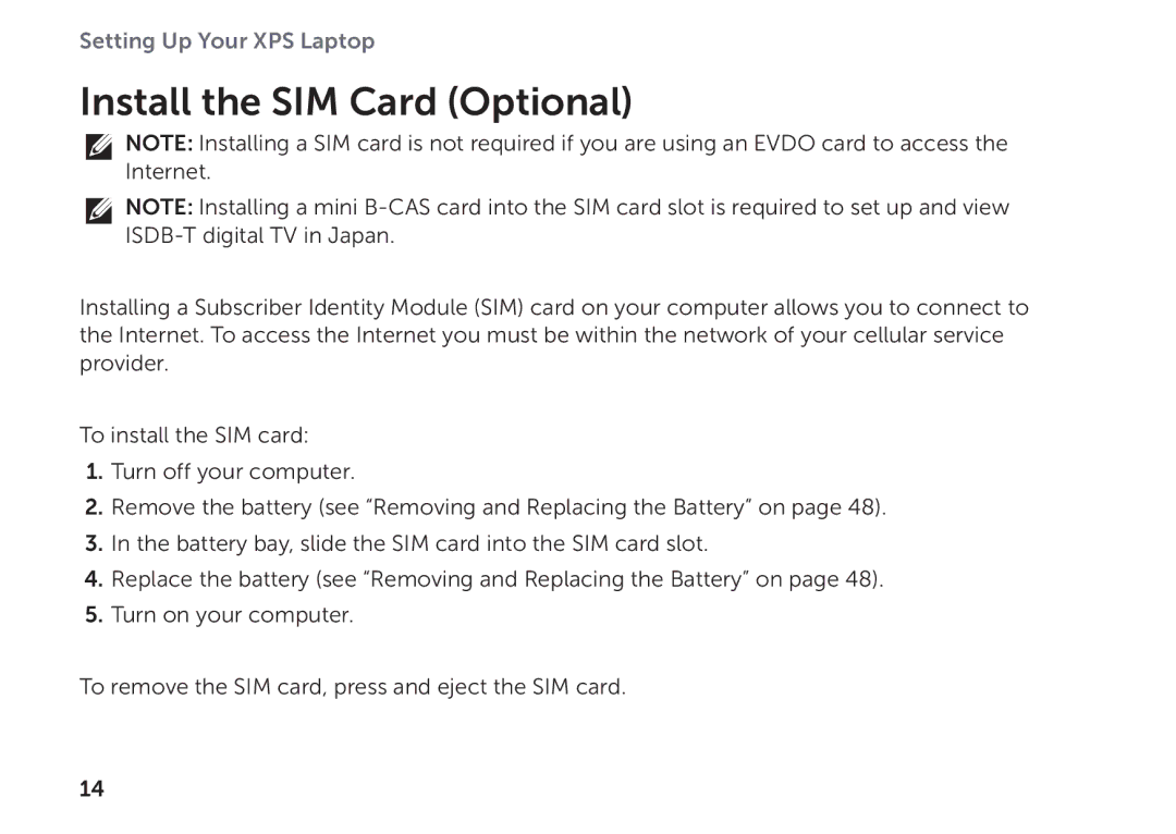 Dell P11F setup guide Install the SIM Card Optional 