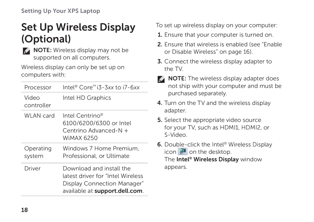 Dell P11F setup guide Set Up Wireless Display Optional 