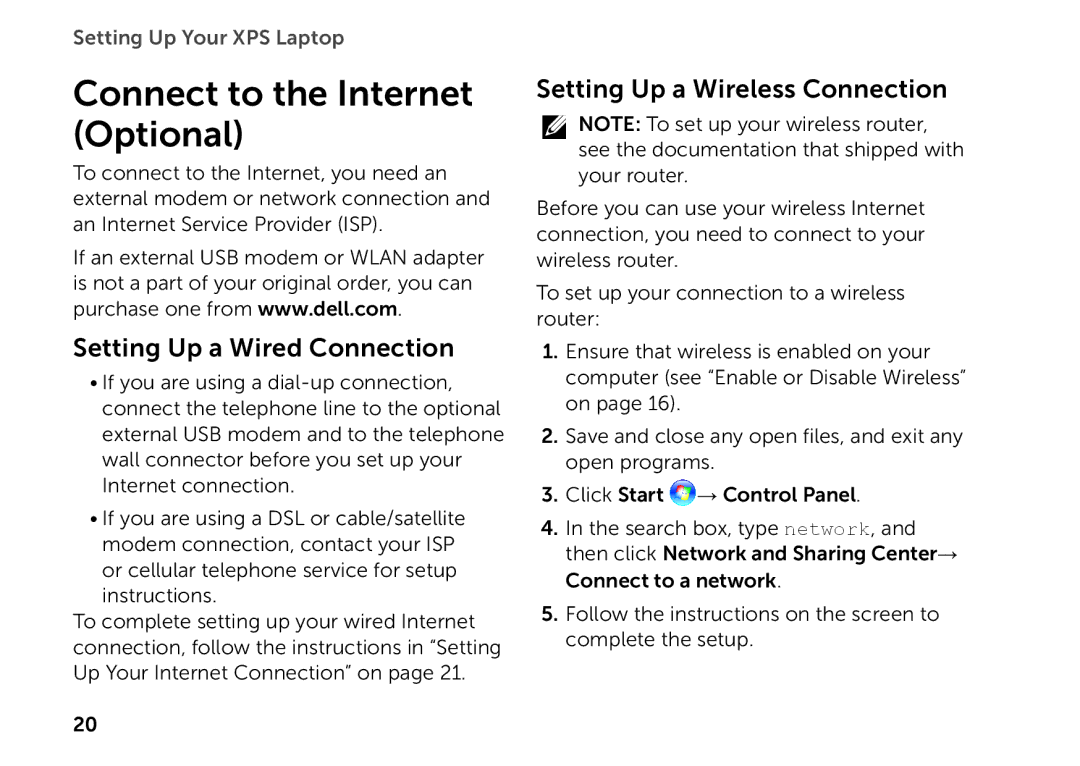 Dell P11F setup guide Connect to the Internet Optional, Setting Up a Wired Connection, Setting Up a Wireless Connection 