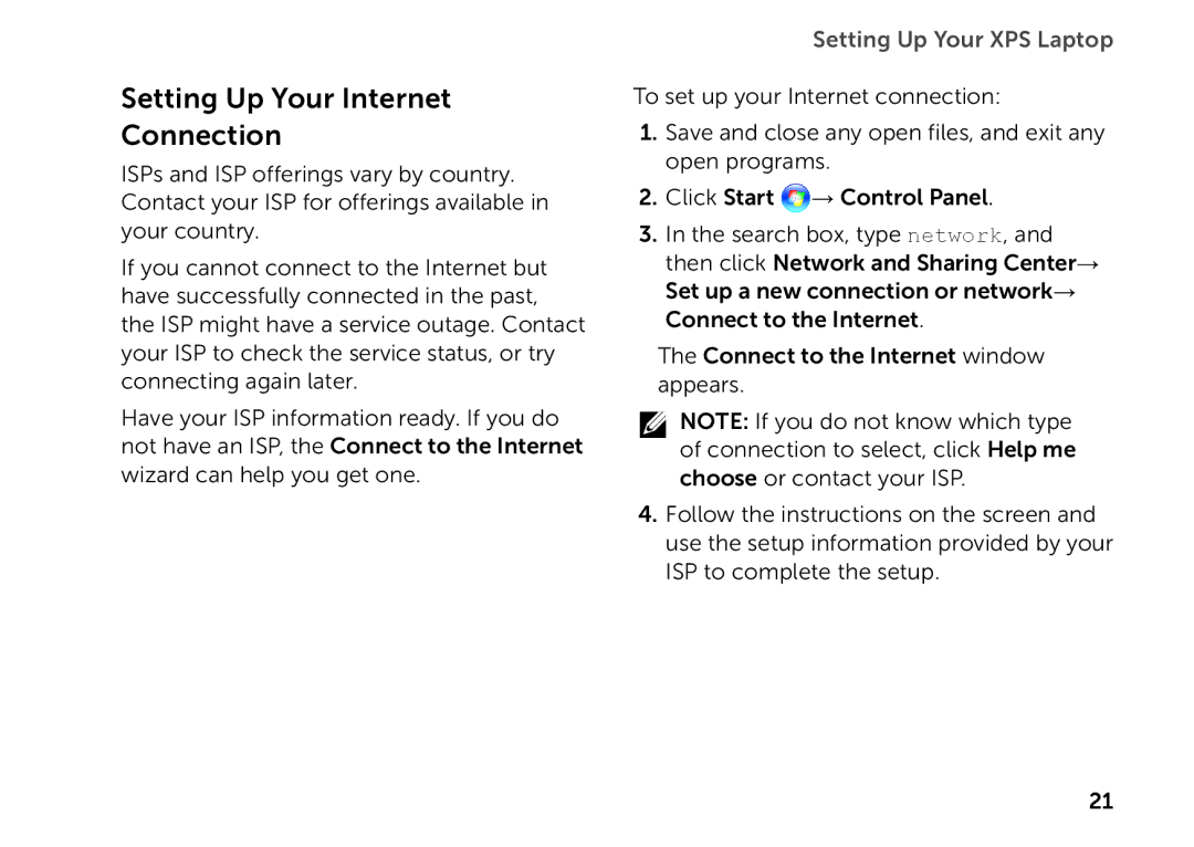 Dell P11F setup guide Setting Up Your Internet Connection 