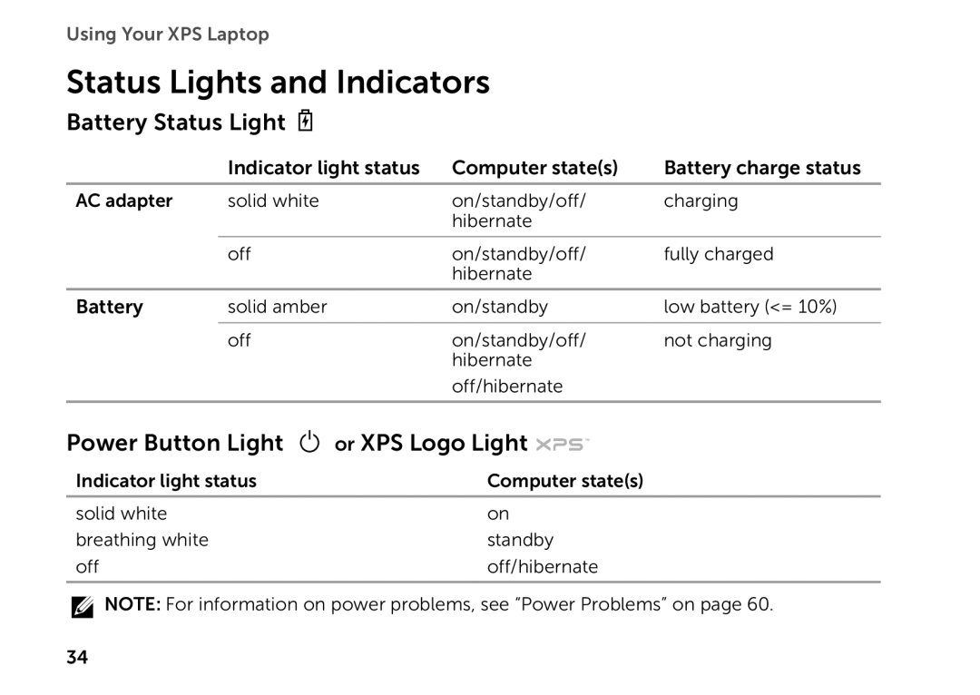 Dell P11F setup guide Status Lights and Indicators, Battery Status Light, Power Button Light Or XPS Logo Light 