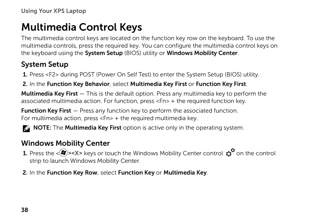 Dell P11F setup guide Multimedia Control Keys, System Setup, Windows Mobility Center 