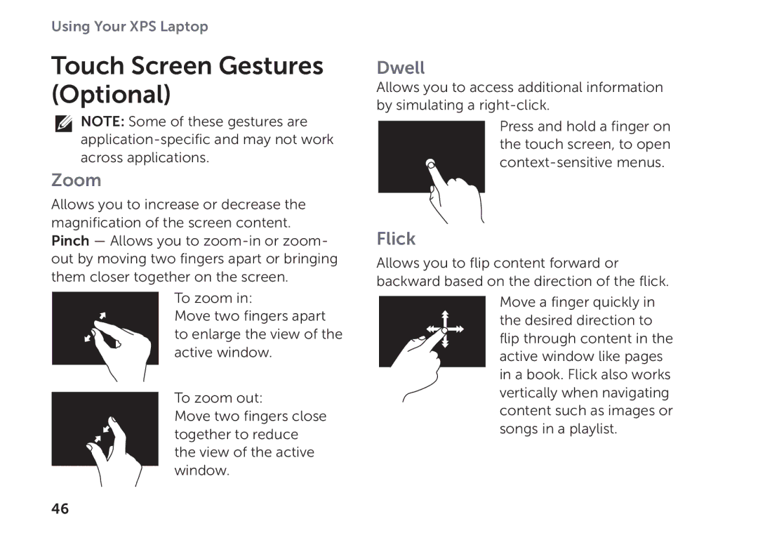 Dell P11F setup guide Touch Screen Gestures Optional, Zoom 