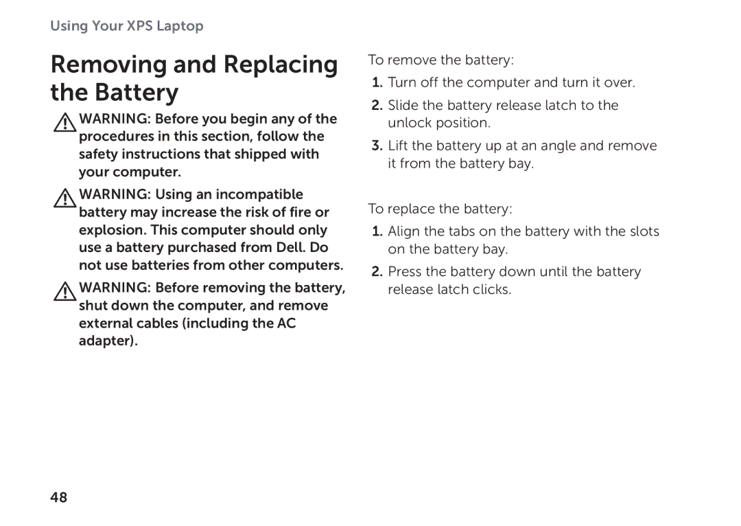 Dell P11F setup guide Removing and Replacing the Battery 