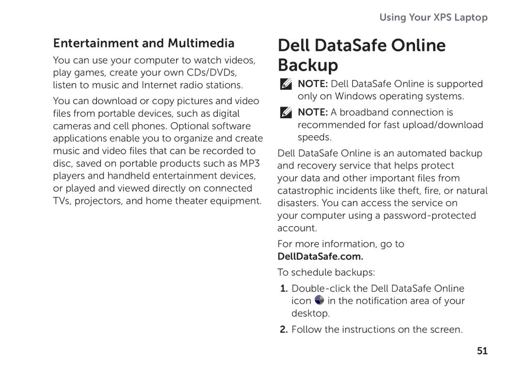 Dell P11F setup guide Dell DataSafe Online Backup, Entertainment and Multimedia 