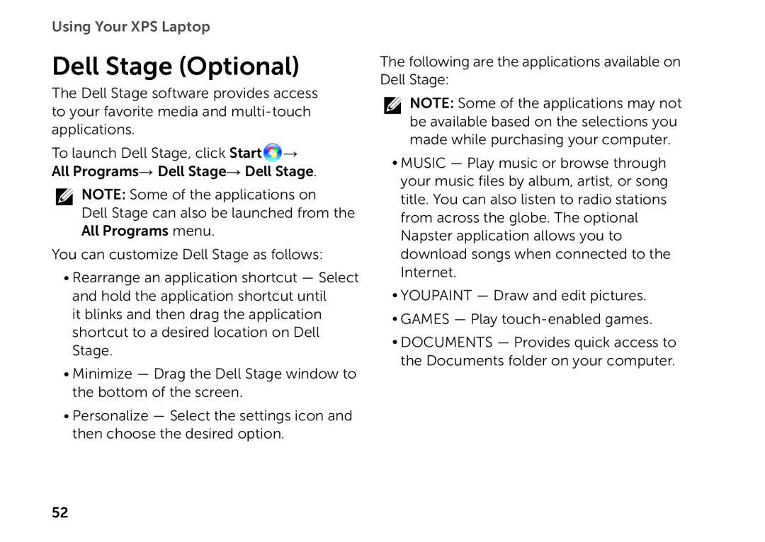 Dell P11F setup guide Dell Stage Optional 